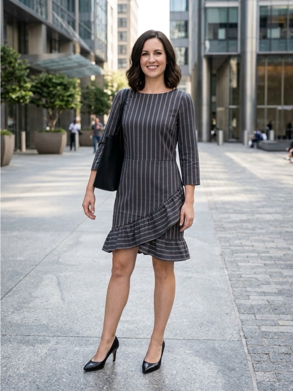 English Factory Pinstripe Asymmetrical Ruffle Hem Mini Dress NWT